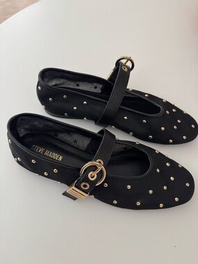 Steve Madden Black Mary Jane Flats with Gold Studs and Buckle